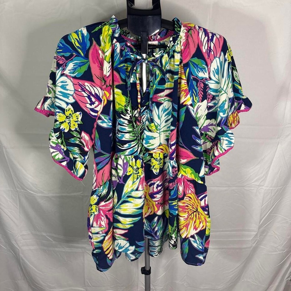Umgee Multi-colored tropical floral print blouse with ruffled sleeves